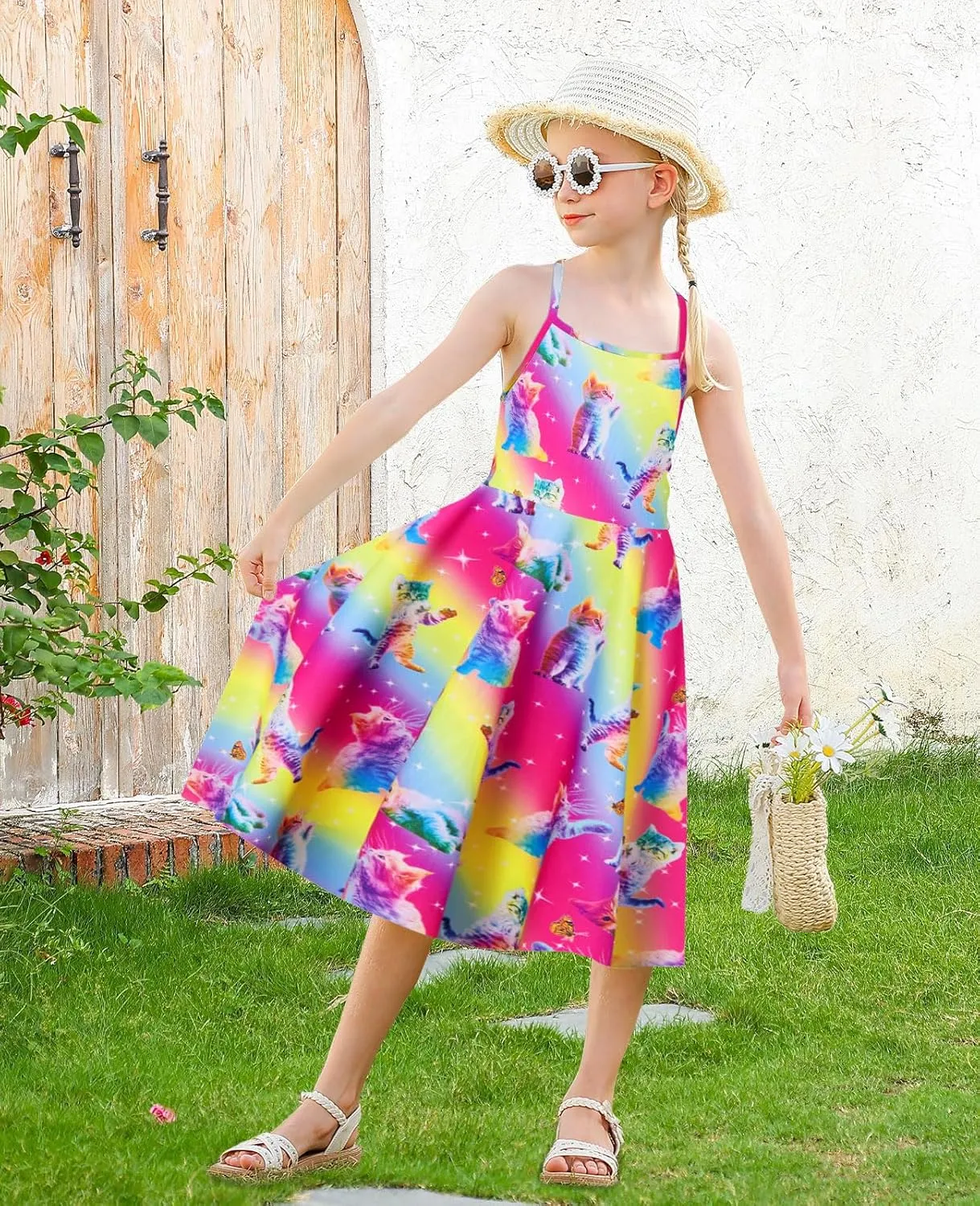 Girls Summer Sundress Adjustable Strap Cami Dress Spaghetti Strap Dresses Size 4-13