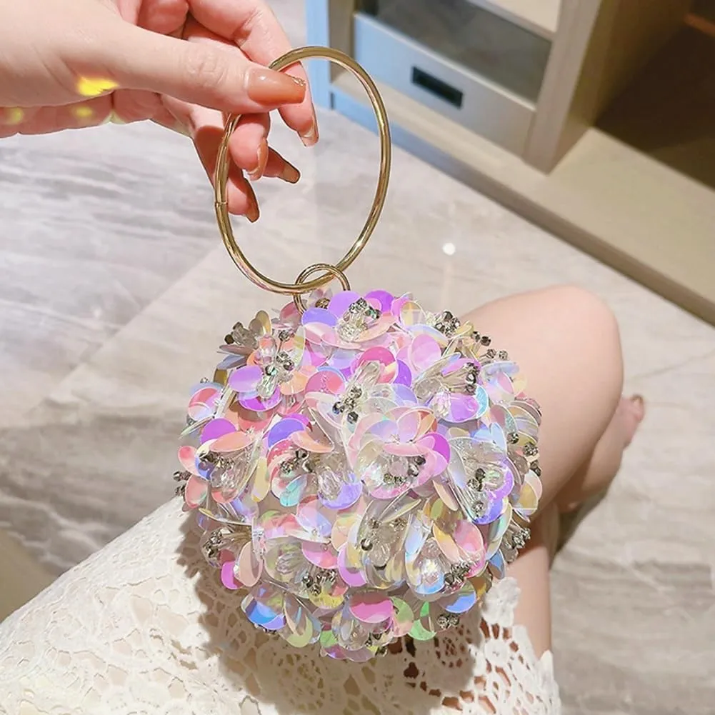 Glitter Floral Spherical Evening Clutch Purse for Women Sparkly Sequin Handbags Round Party Wedding Top Handle Bag