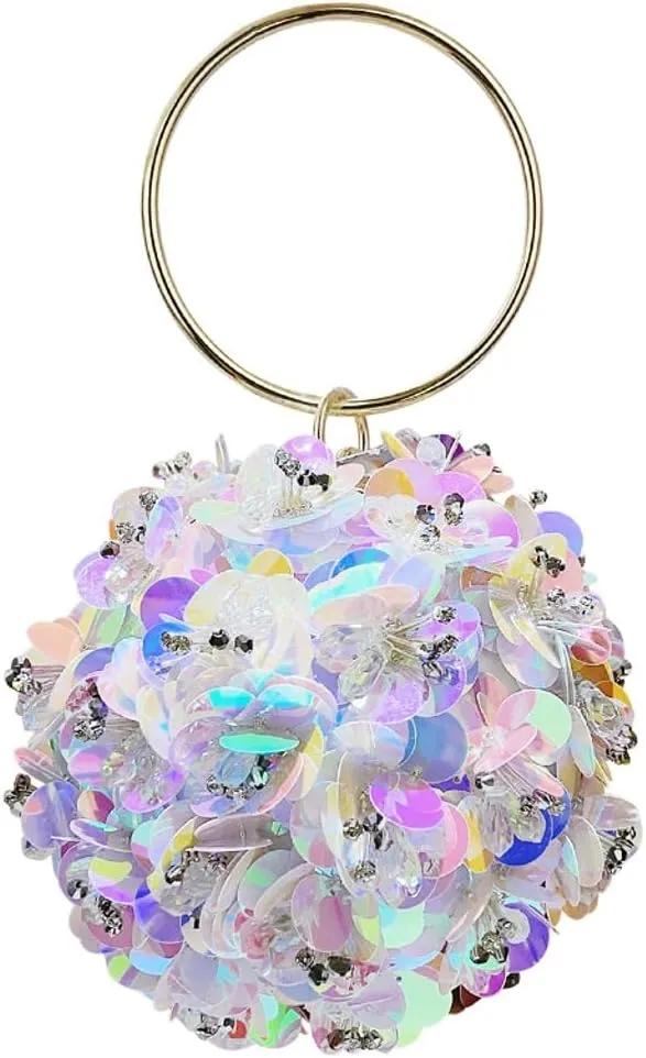 Glitter Floral Spherical Evening Clutch Purse for Women Sparkly Sequin Handbags Round Party Wedding Top Handle Bag
