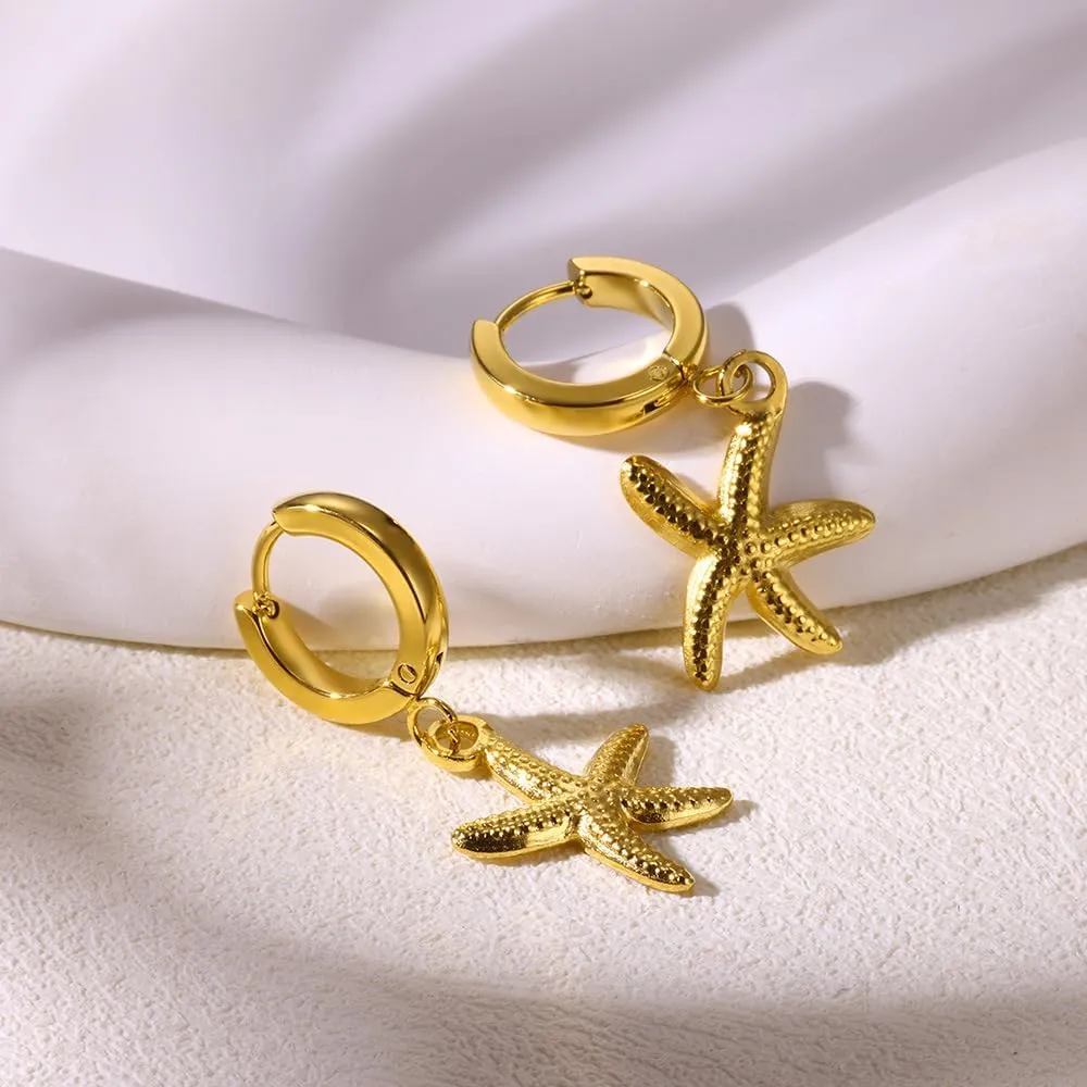 Gold Starfish Earrings for Women Trendy Dainty Lightweight 14K Gold Plated Small Starfish Pearl Stud Earring Minimalist Simple Hypoallergenic Summer Earrings