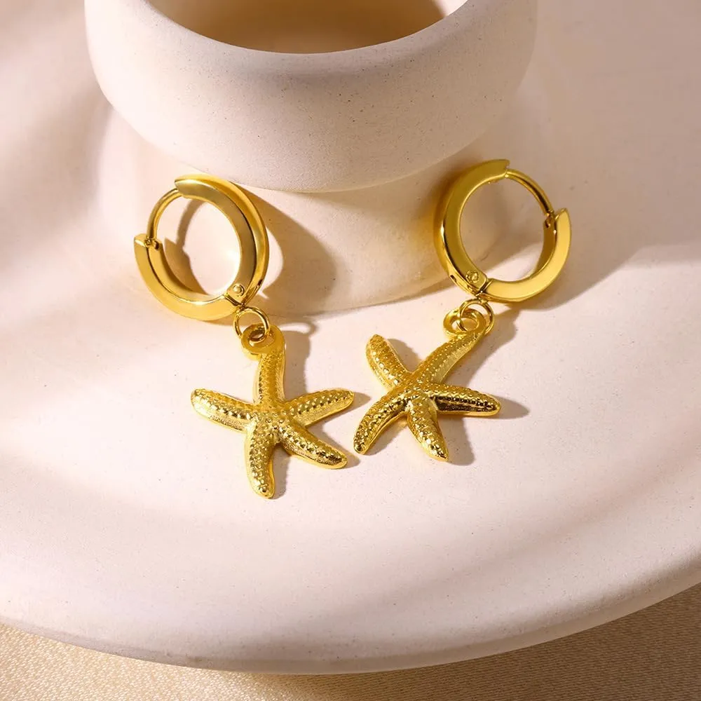 Gold Starfish Earrings for Women Trendy Dainty Lightweight 14K Gold Plated Small Starfish Pearl Stud Earring Minimalist Simple Hypoallergenic Summer Earrings