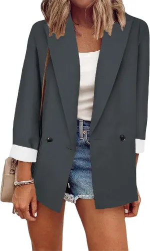 GORIFE Lady Solid Color Front Open Blazers Long Sleeve with Pockets Suit Casual Button Blazer