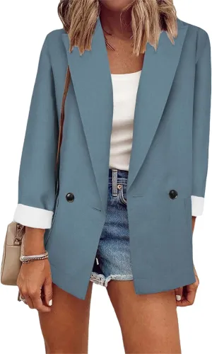 GORIFE Lady Solid Color Front Open Blazers Long Sleeve with Pockets Suit Casual Button Blazer