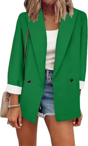 GORIFE Lady Solid Color Front Open Blazers Long Sleeve with Pockets Suit Casual Button Blazer