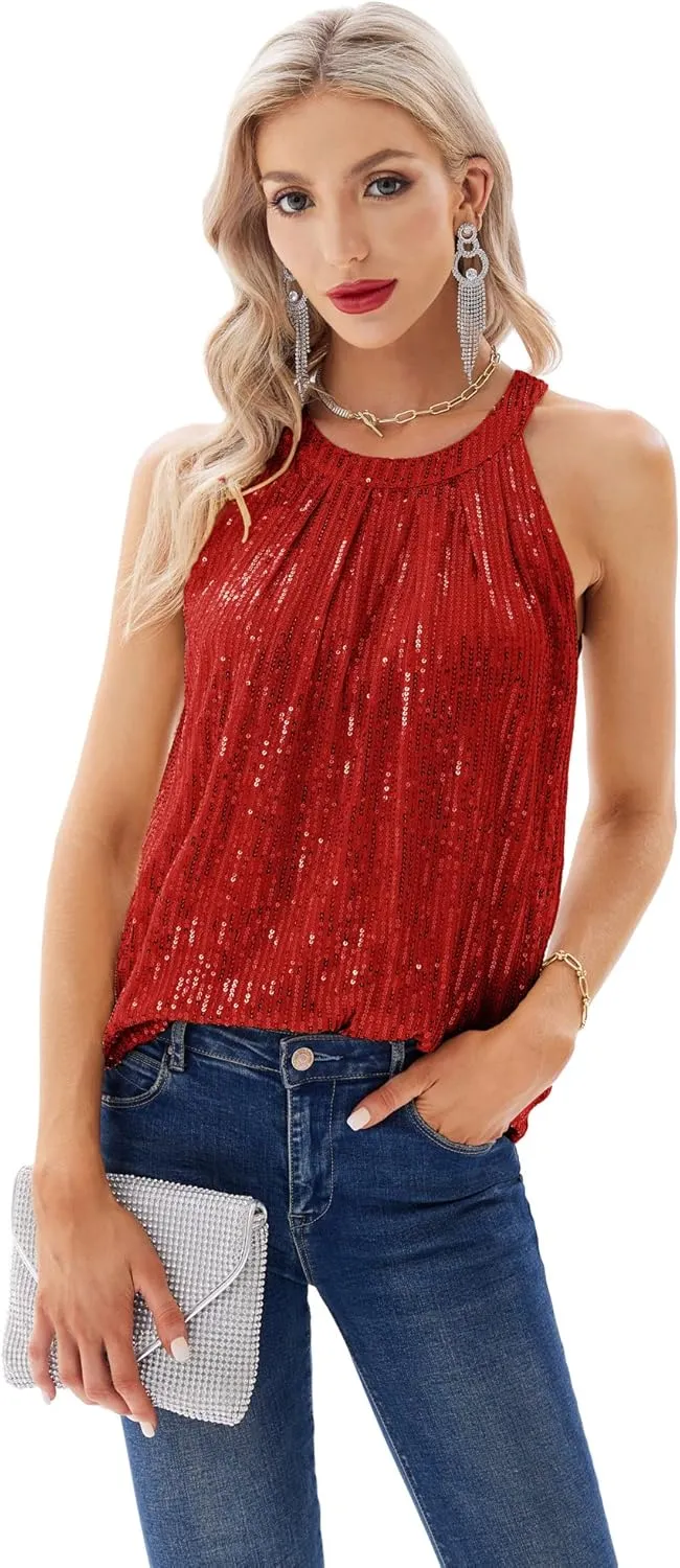 GRACE KARIN Sequin Halter Tops for Women Sleeveless Sparkly Shiny Tank Tops Ruched Flowy Sparkly Club Outfits Party Shirt