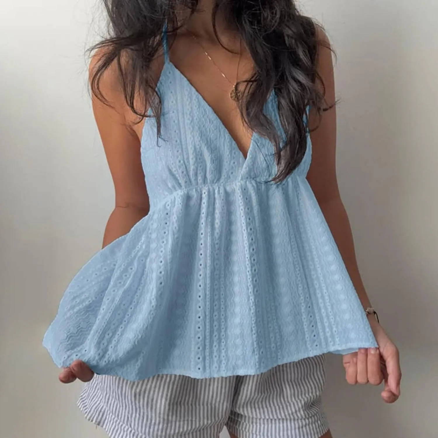 Halter Eyelet Tops for Women V Neck Backless Summer Tops Y2k Loose Fit Babydoll Tank Cute Flowy Beach Shirts