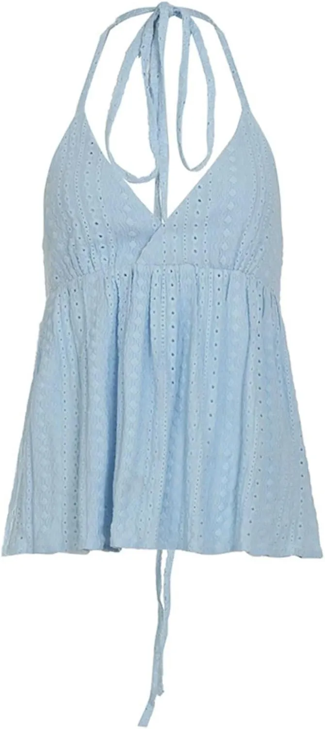 Halter Eyelet Tops for Women V Neck Backless Summer Tops Y2k Loose Fit Babydoll Tank Cute Flowy Beach Shirts