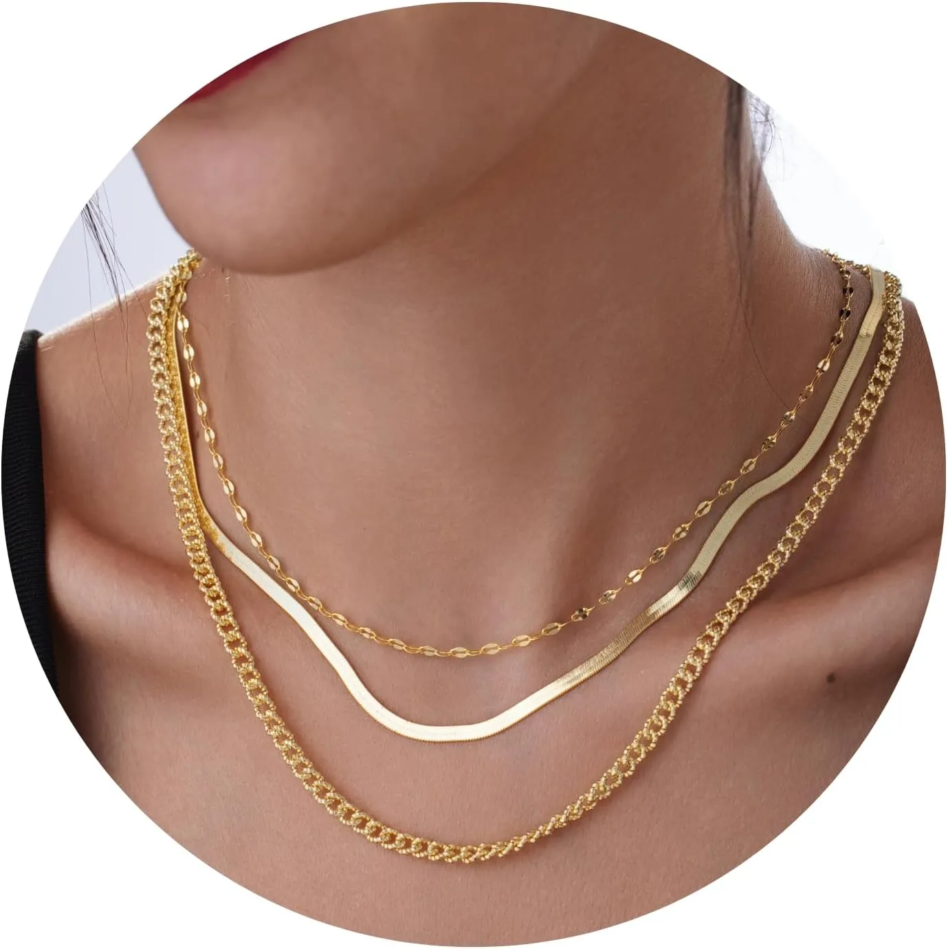 Herringbone Cuban Chains 14K Gold Plated Layered Necklace for Women Adjustable Lengths Trendy Stackable Jewelry Dainty Gold Necklaces Set Choker Simple Gold Layered Necklaces Hypoallergenic