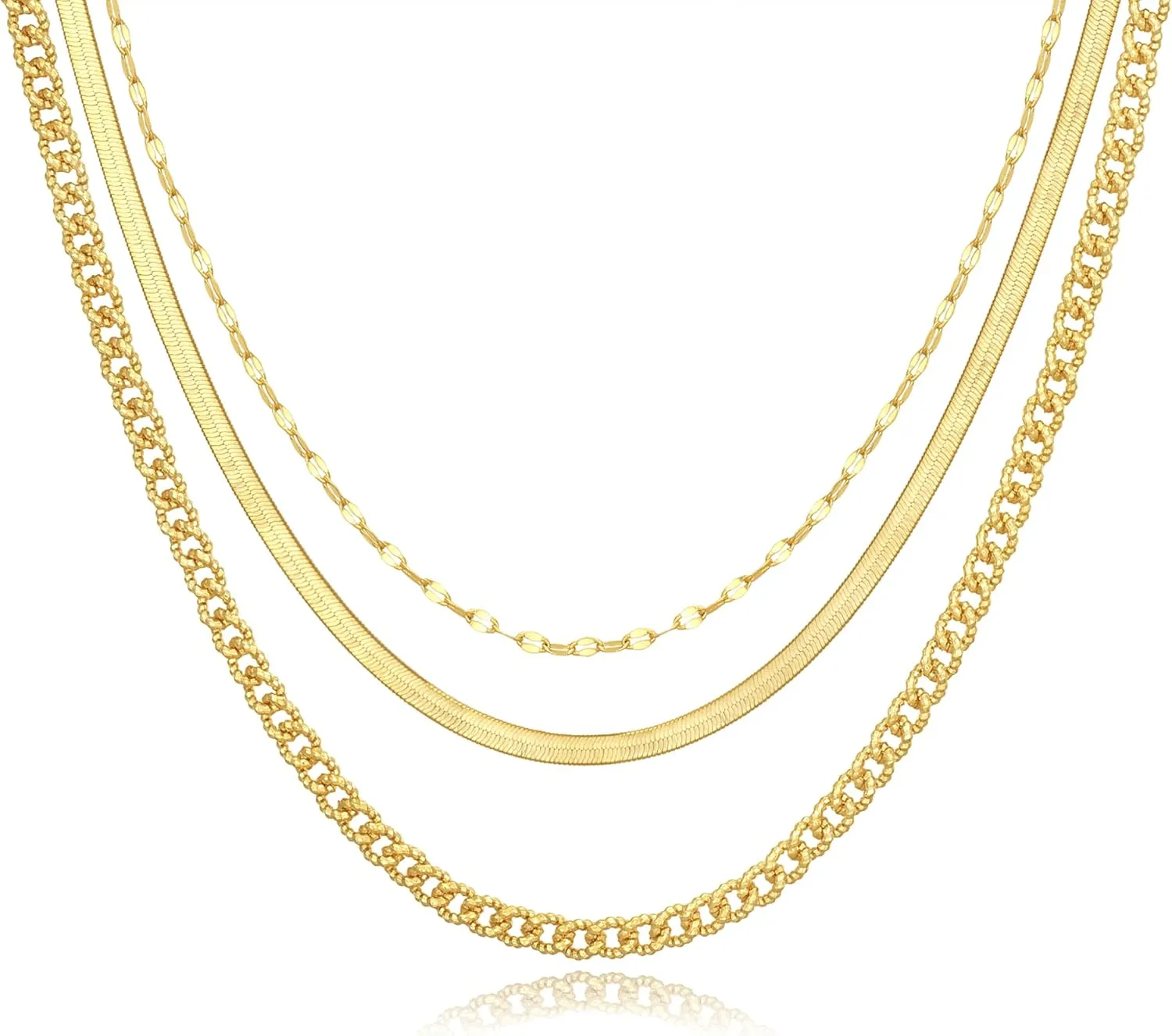 Herringbone Cuban Chains 14K Gold Plated Layered Necklace for Women Adjustable Lengths Trendy Stackable Jewelry Dainty Gold Necklaces Set Choker Simple Gold Layered Necklaces Hypoallergenic