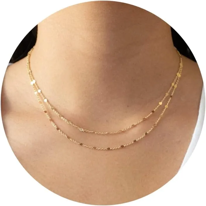 Herringbone Necklace for Women, Dainty Gold Necklace 14k Gold Plated Layered Snake Chain Necklace Simple Gold Beaded Paperclip Box Chain Choker Necklaces Trendy Gold Necklace for Women