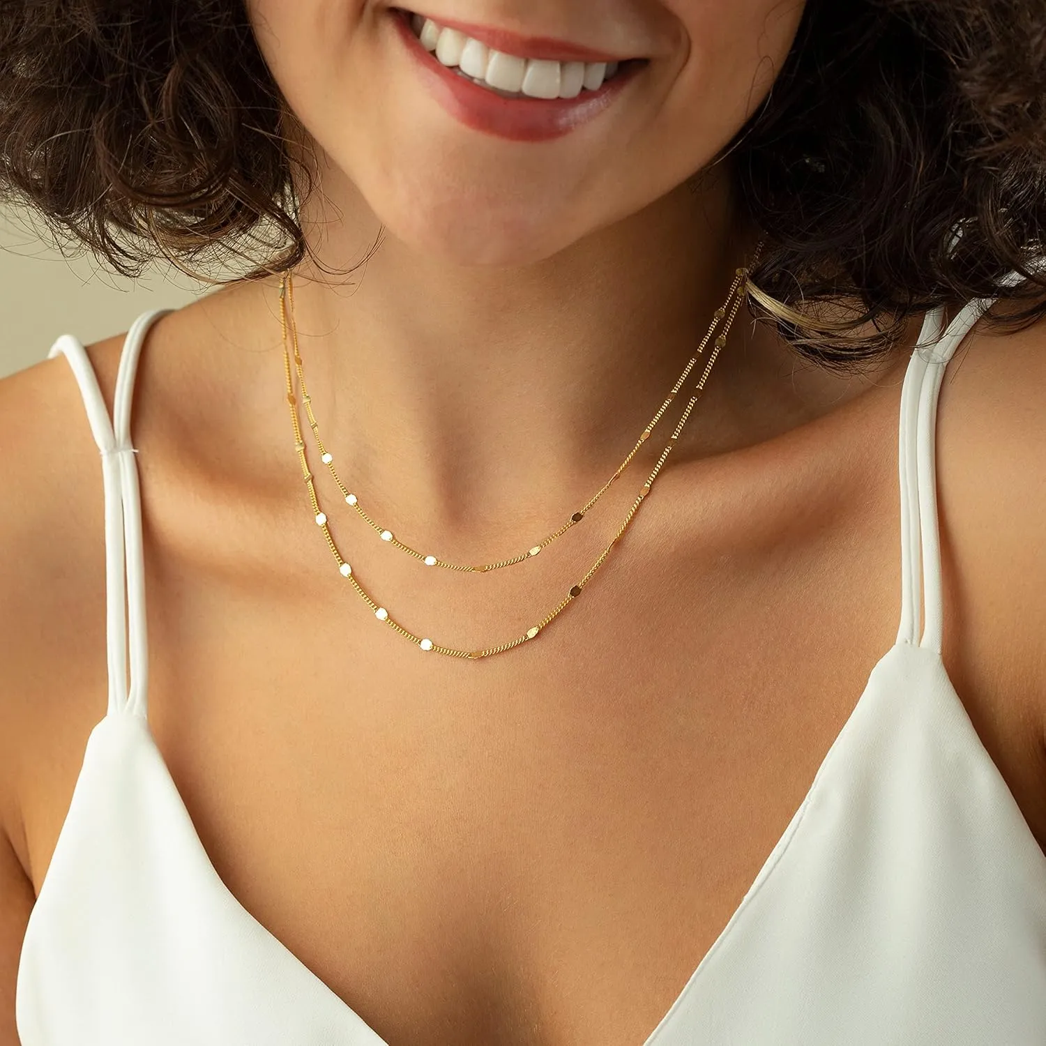 Herringbone Necklace for Women, Dainty Gold Necklace 14k Gold Plated Layered Snake Chain Necklace Simple Gold Beaded Paperclip Box Chain Choker Necklaces Trendy Gold Necklace for Women