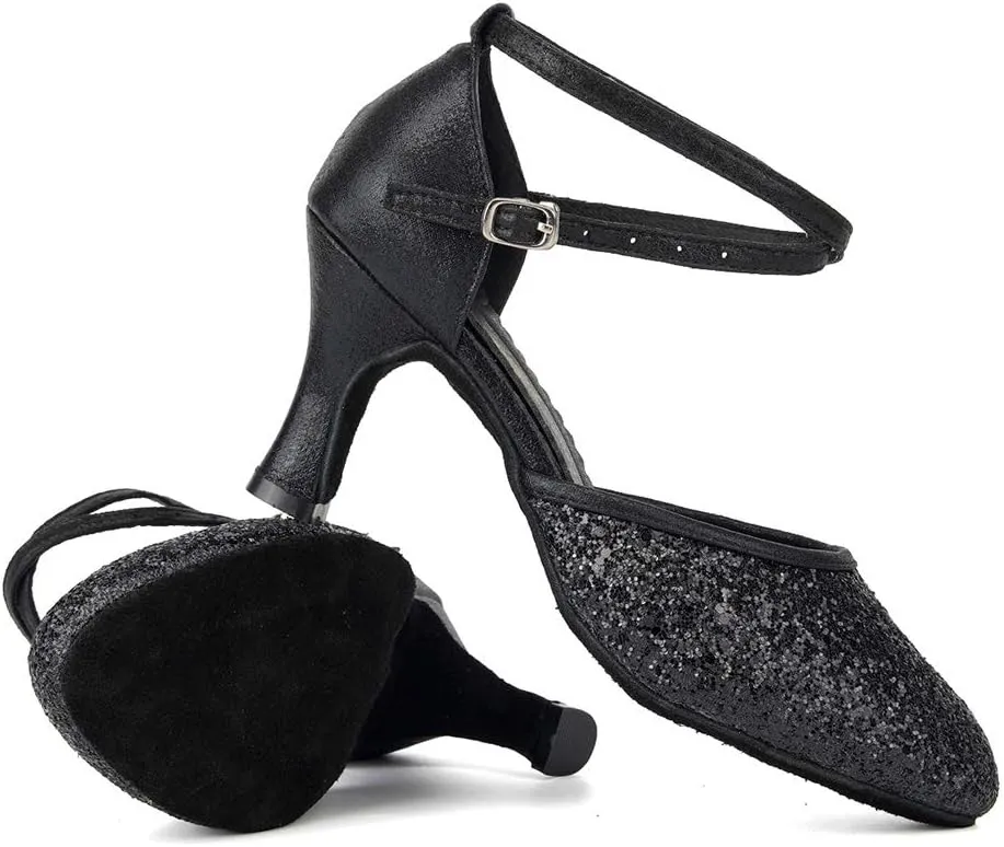 HIPPOSEUS Women's Closed Toe Latin Ballroom Dance Shoes Sequins Salsa Tango Scocial Practice Dancer Shoes,Model DY225