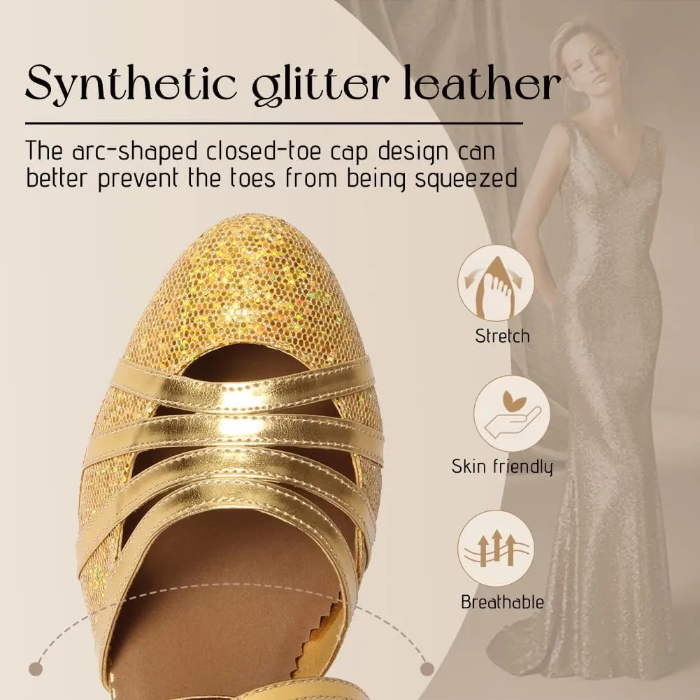 HIPPOSEUS Women's Latin Dance Shoes Closed Toe Sparkle Ballroom Salsa Tango Dance Performance Shoes,FT 053
