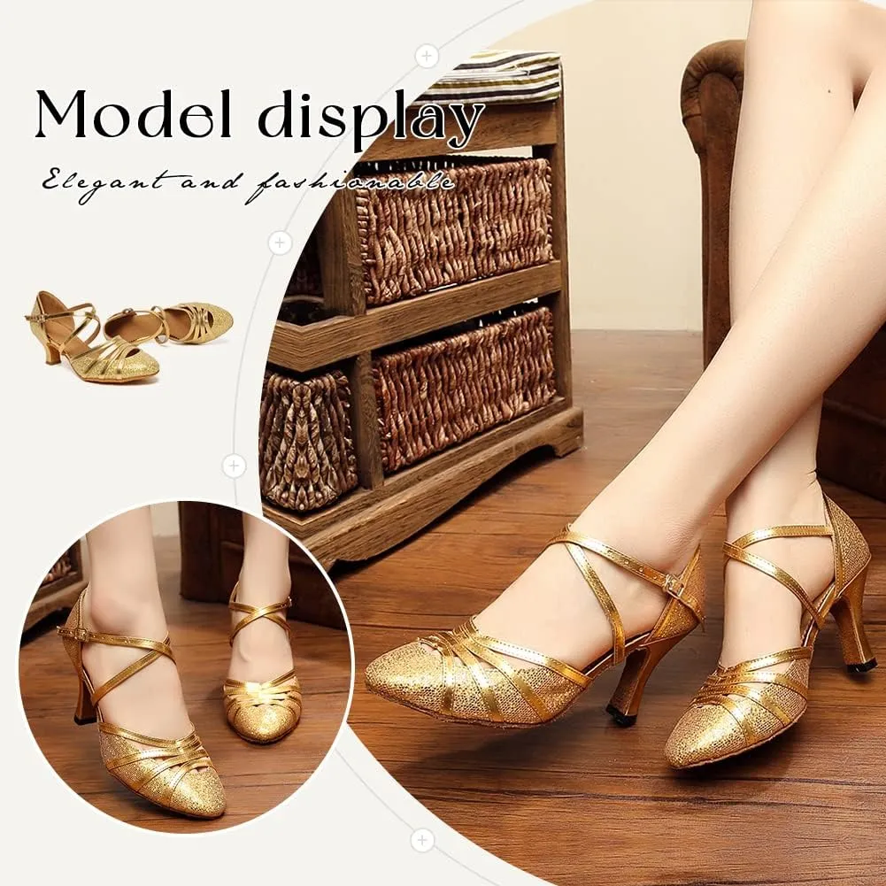 HIPPOSEUS Women's Latin Dance Shoes Closed Toe Sparkle Ballroom Salsa Tango Dance Performance Shoes,FT 053