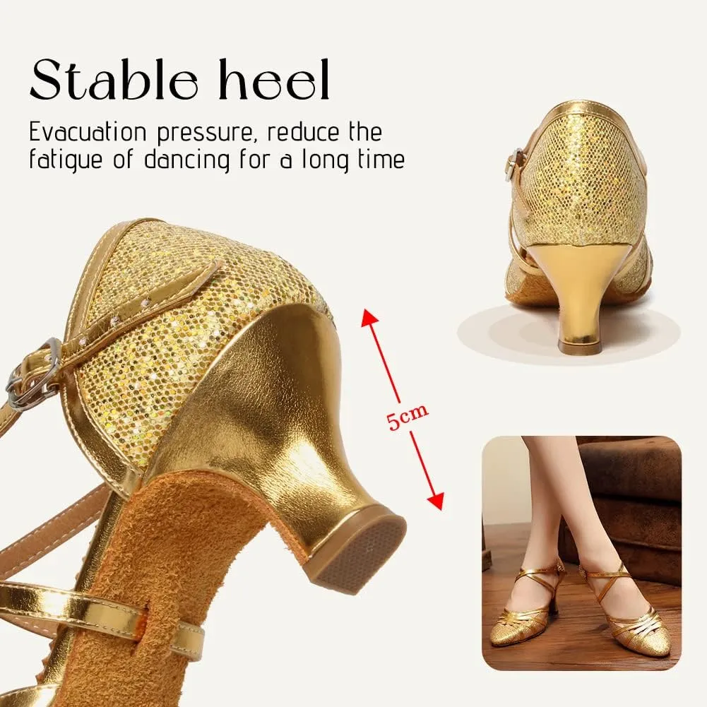 HIPPOSEUS Women's Latin Dance Shoes Closed Toe Sparkle Ballroom Salsa Tango Dance Performance Shoes,FT 053