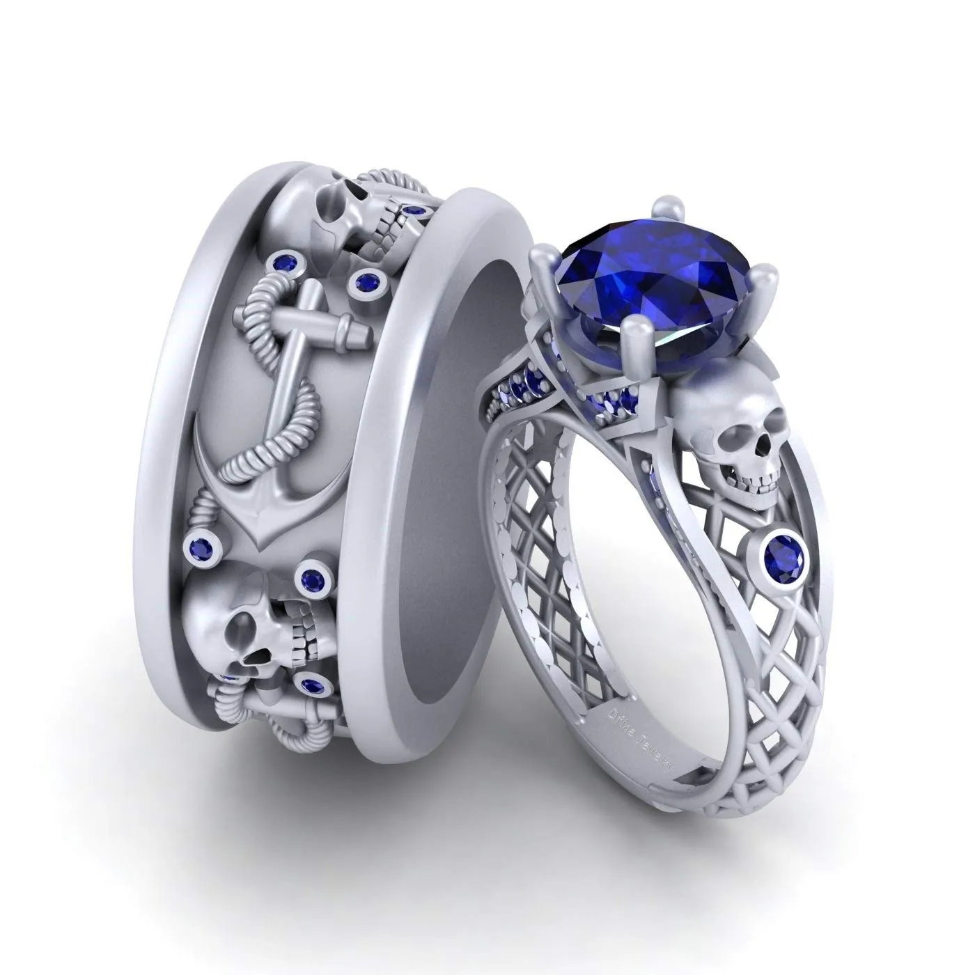His and Her Skull Engagement Ring Set Blue Sapphire Anchor Skull Matching Couple Ring Set 925 Sterling Silver