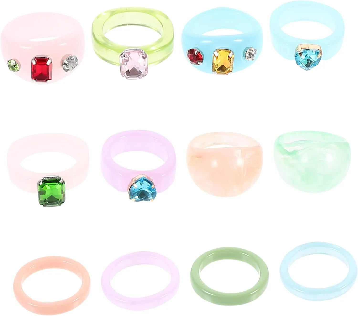 Homoyoyo 12Pcs Resin Rings for Women Retro Acrylic Chunky Finger Rings Stylish Diamond Knuckle Jewelry for Everyday Wear and Special Occasions