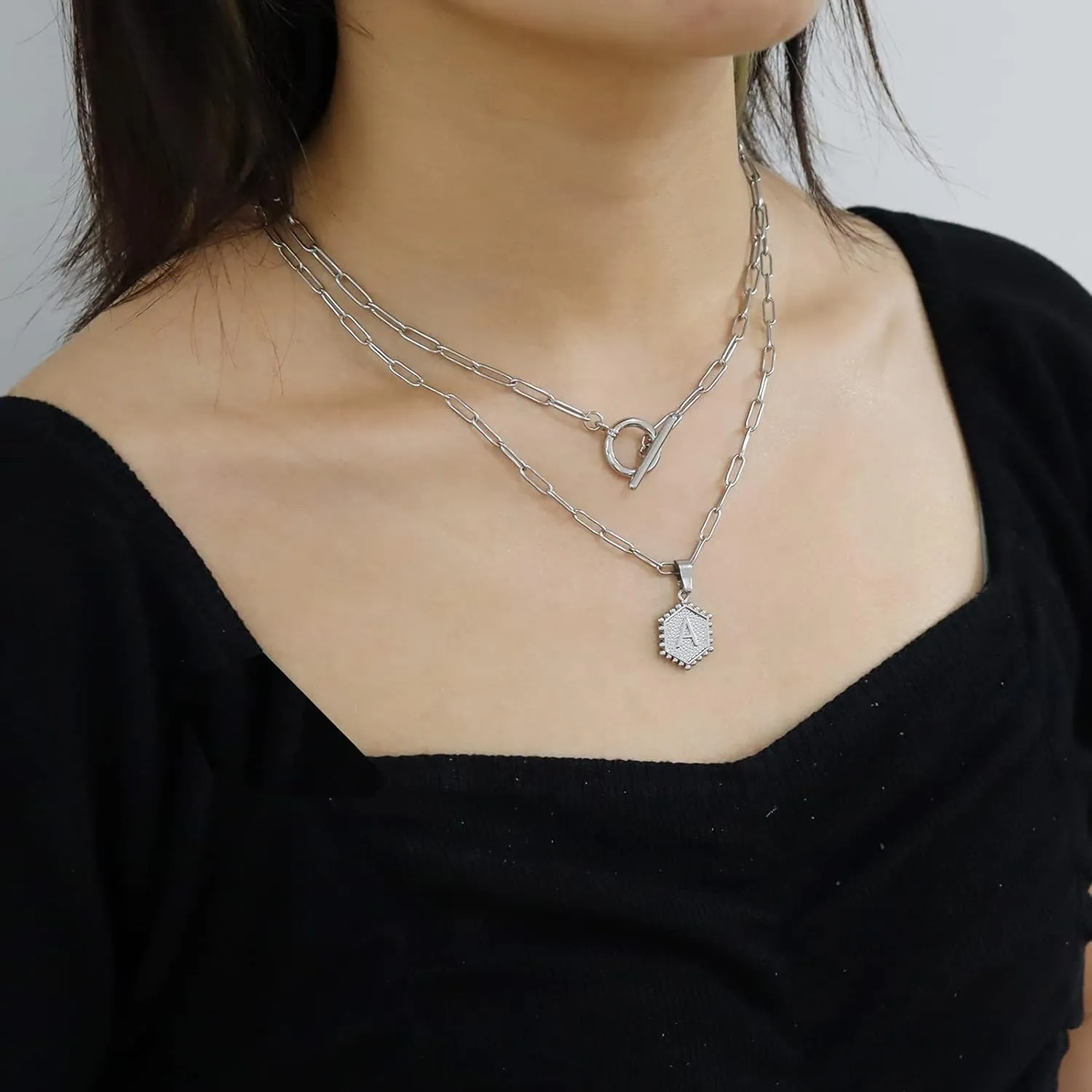 HUASAI Layered Initial Necklaces for Women Silver Letter A-Z Pendant Necklace Dainty Paperclip Link Chain Necklace Cute Hexagon Personalized Initial Necklace Jewelry Gifts