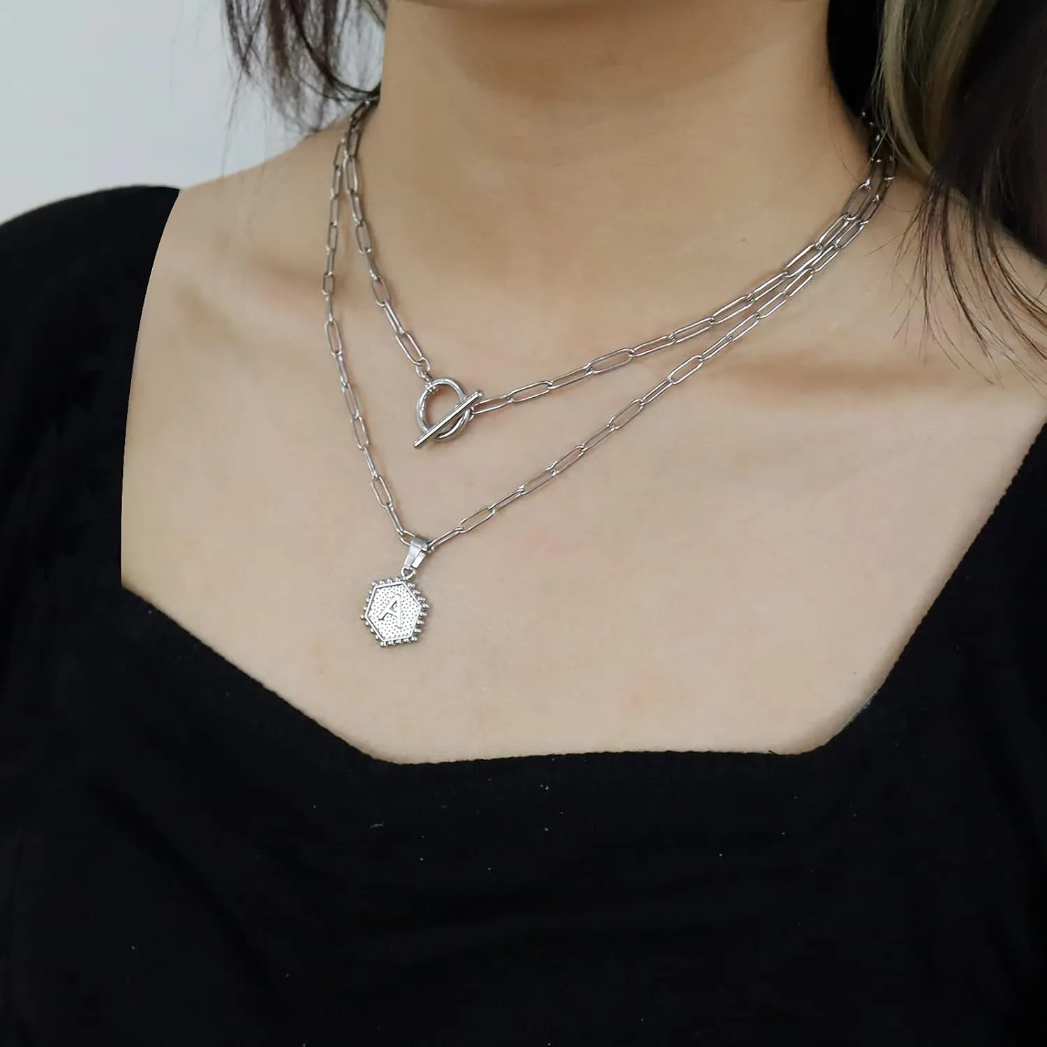 HUASAI Layered Initial Necklaces for Women Silver Letter A-Z Pendant Necklace Dainty Paperclip Link Chain Necklace Cute Hexagon Personalized Initial Necklace Jewelry Gifts