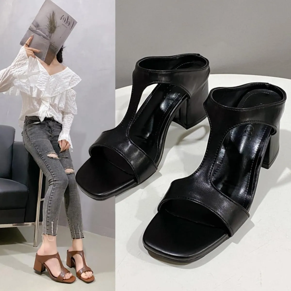 HUIQINGLI Orthopedic High Heels, Women's Fashion Chunky Heel Leather Orthopaedic Sandals, Comfortable Wedge Chunky Heeled Sandals
