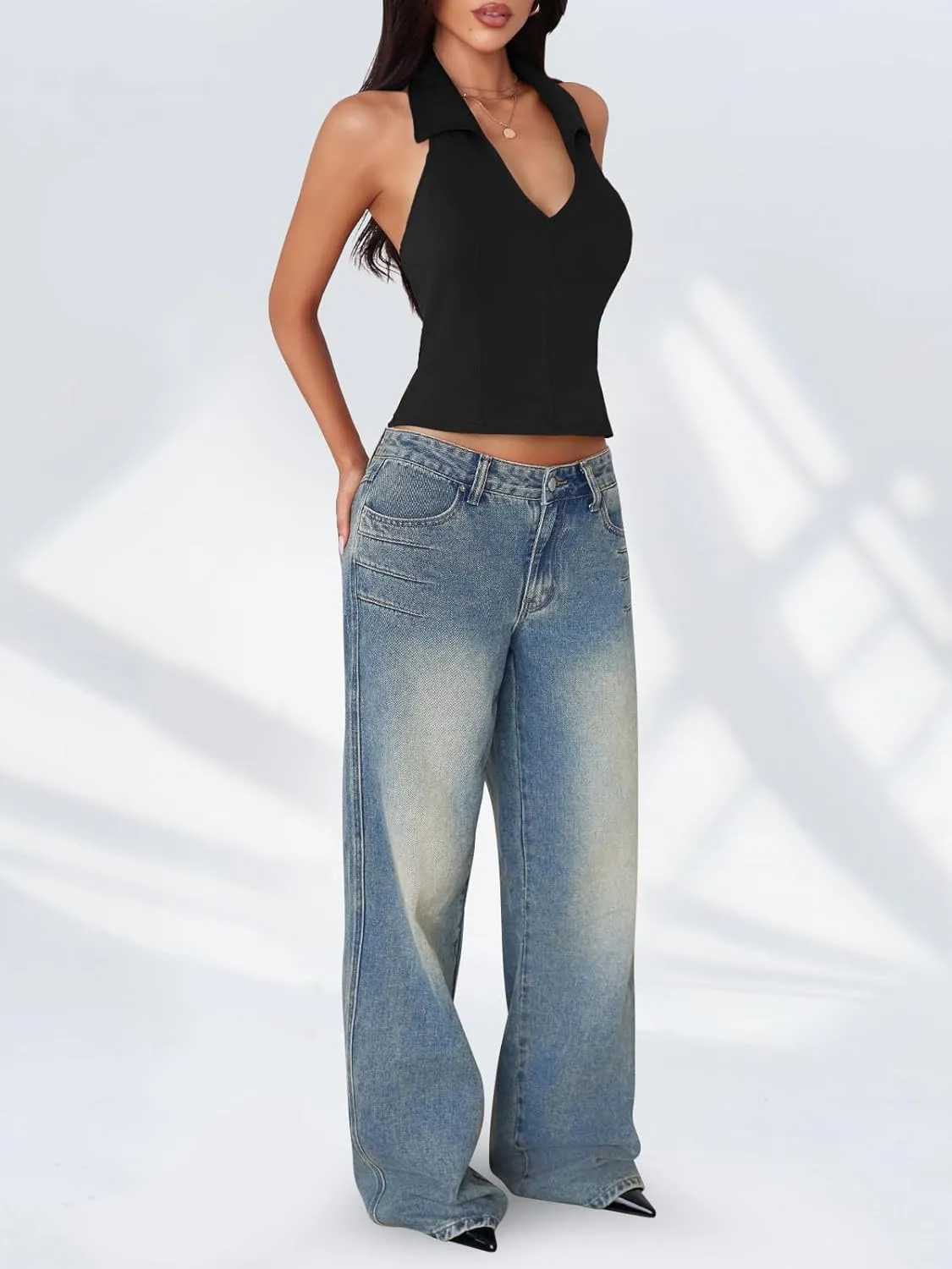 Imily Bela Women's Halter Blackless Crop Tops Going Out Deep V Neck Sexy Tank Top Summer Slim Fit Sleeveless Tops
