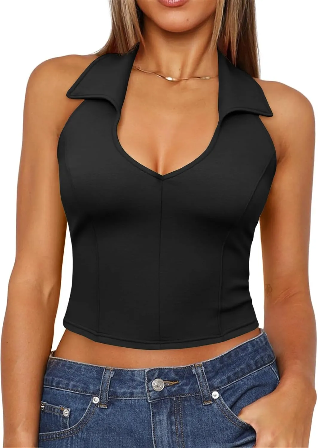 Imily Bela Women's Halter Blackless Crop Tops Going Out Deep V Neck Sexy Tank Top Summer Slim Fit Sleeveless Tops