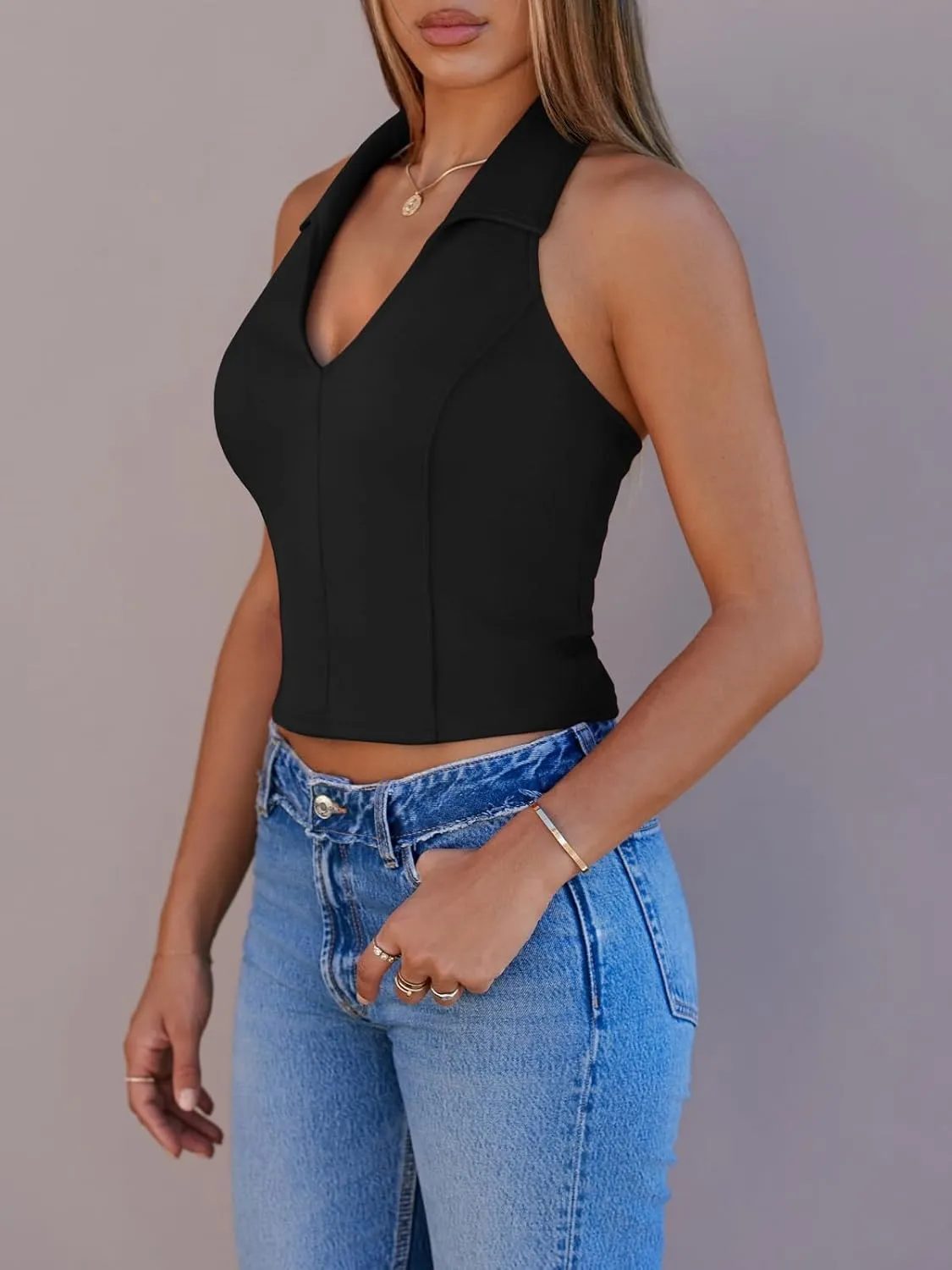 Imily Bela Women's Halter Blackless Crop Tops Going Out Deep V Neck Sexy Tank Top Summer Slim Fit Sleeveless Tops