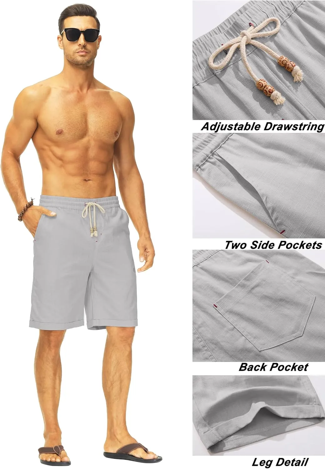 Janmid Men's Linen Shorts Casual Elastic Waist Drawstring Summer Beach Shorts
