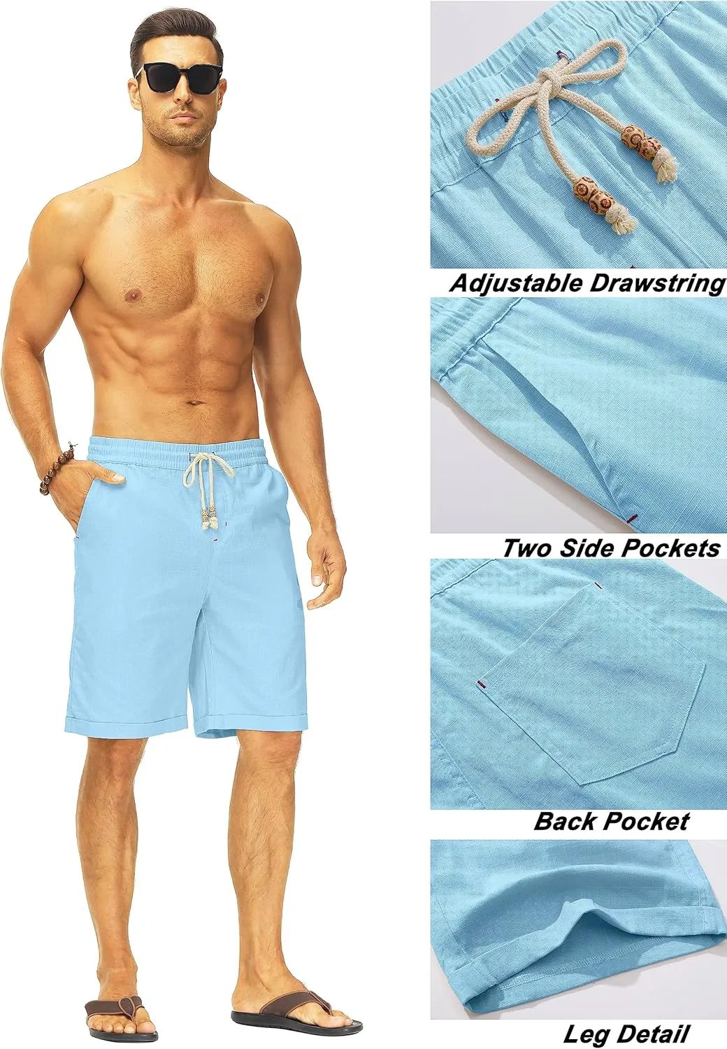 Janmid Men's Linen Shorts Casual Elastic Waist Drawstring Summer Beach Shorts