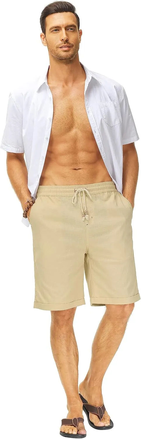 Janmid Men's Linen Shorts Casual Elastic Waist Drawstring Summer Beach Shorts