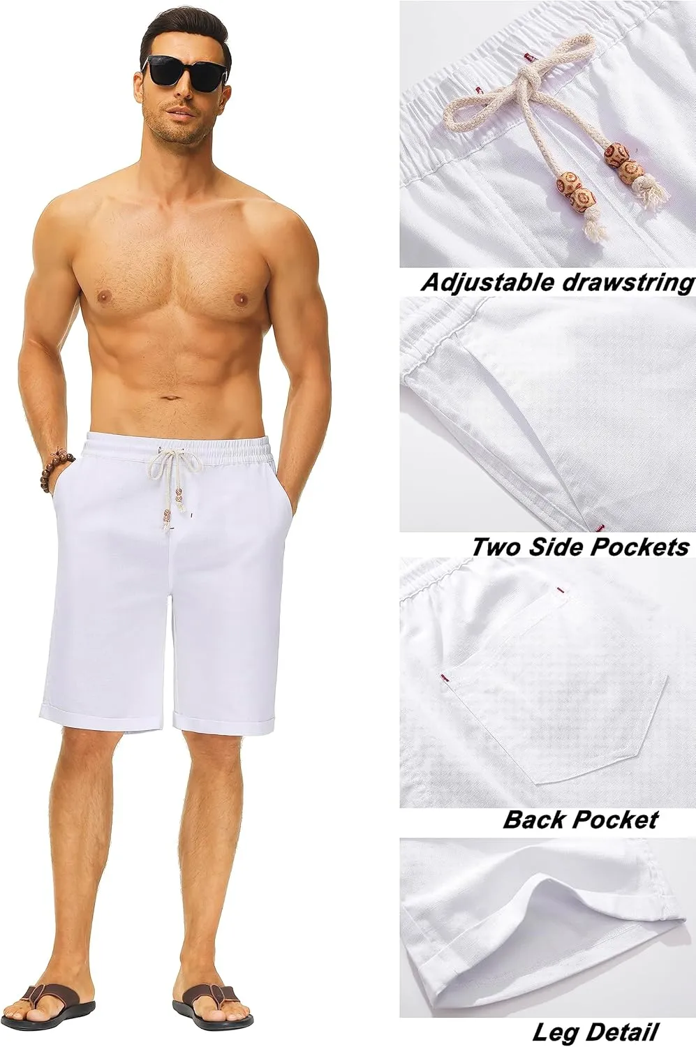 Janmid Men's Linen Shorts Casual Elastic Waist Drawstring Summer Beach Shorts
