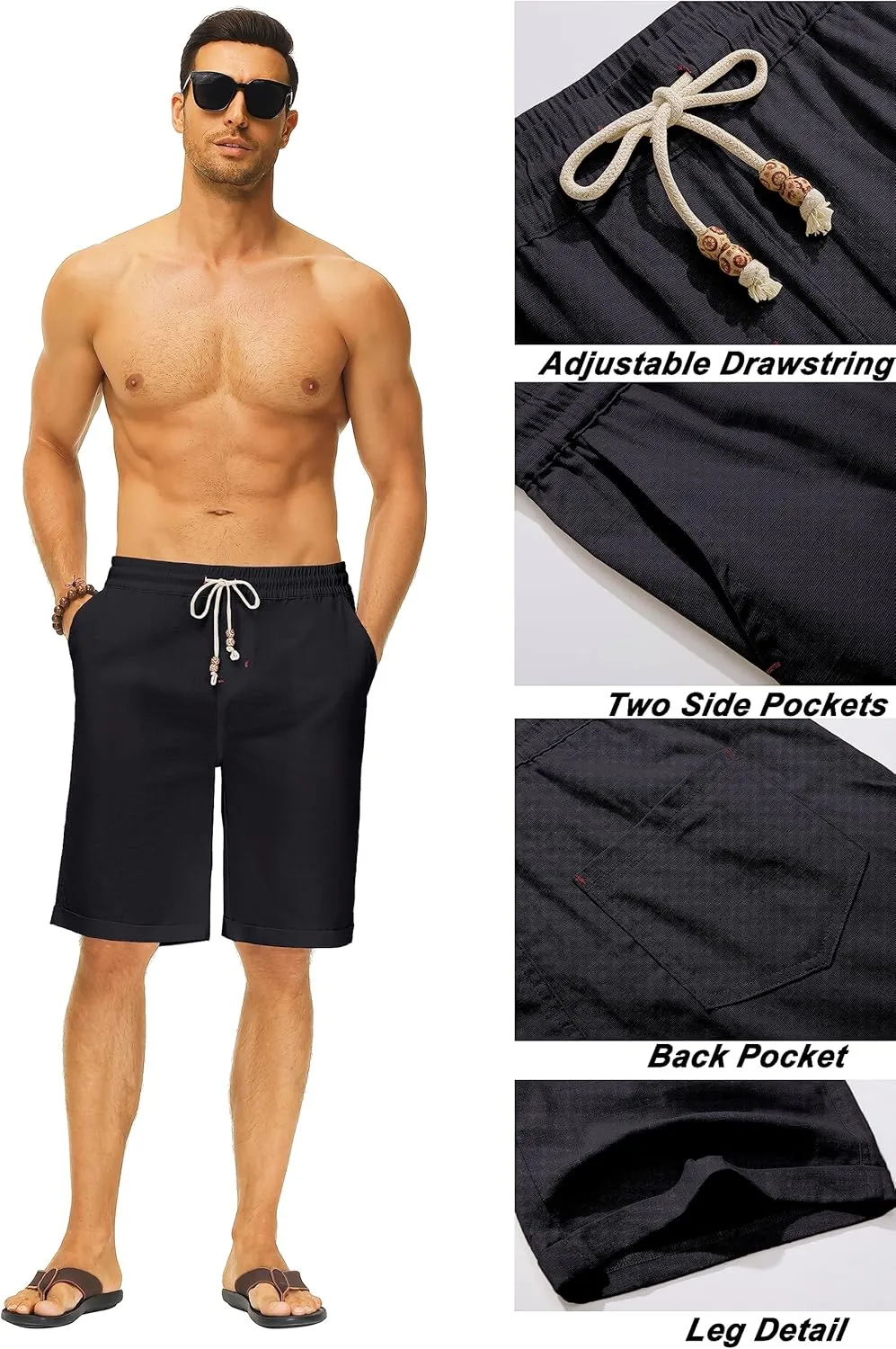 Janmid Men's Linen Shorts Casual Elastic Waist Drawstring Summer Beach Shorts