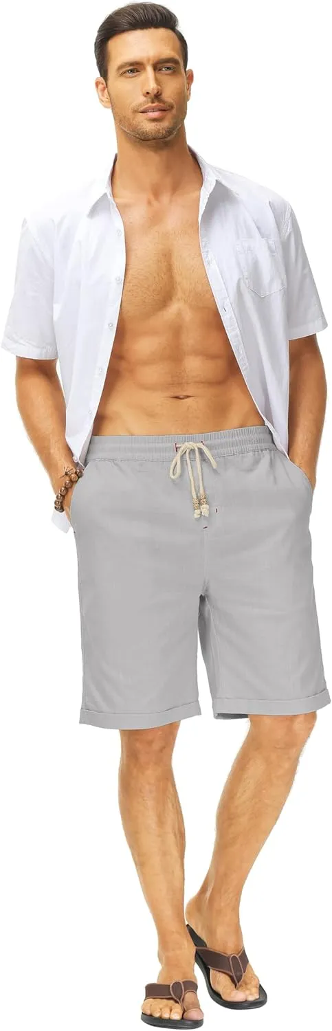 Janmid Men's Linen Shorts Casual Elastic Waist Drawstring Summer Beach Shorts