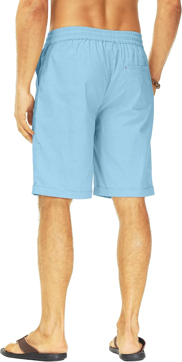Janmid Men's Linen Shorts Casual Elastic Waist Drawstring Summer Beach Shorts