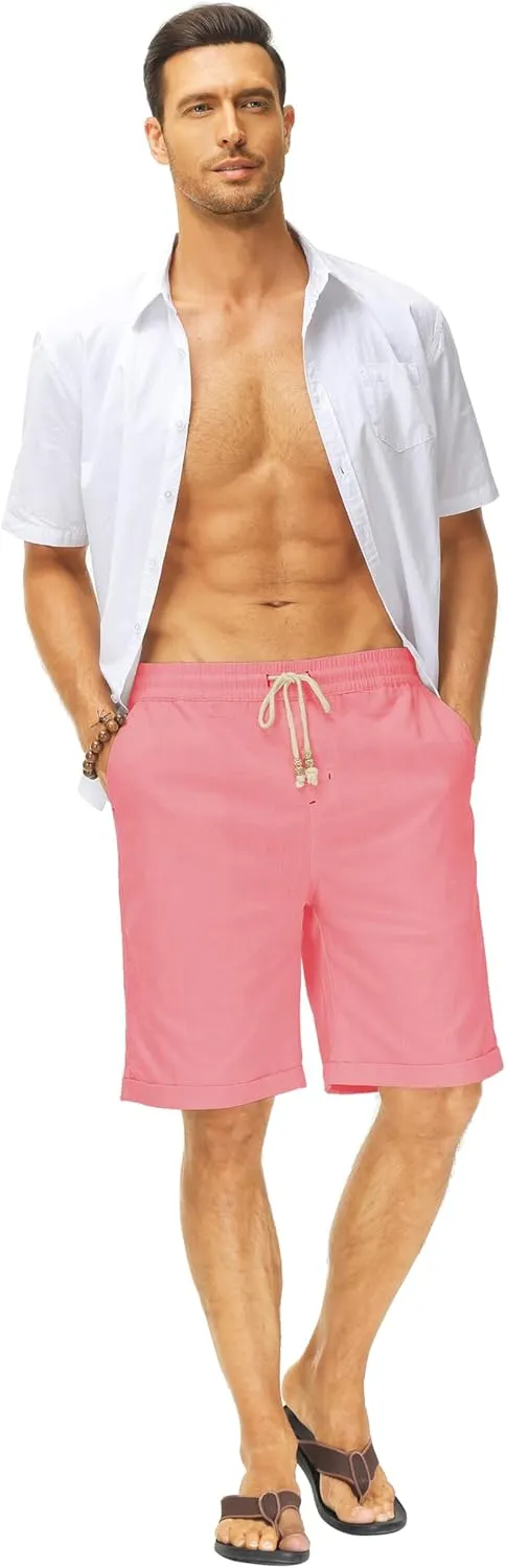 Janmid Men's Linen Shorts Casual Elastic Waist Drawstring Summer Beach Shorts