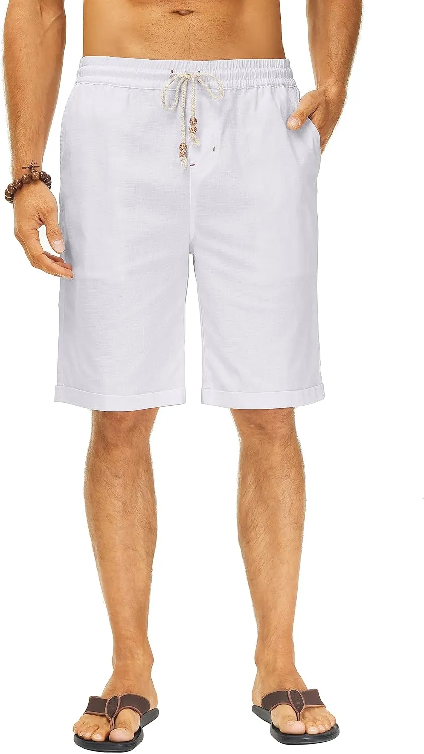 Janmid Men's Linen Shorts Casual Elastic Waist Drawstring Summer Beach Shorts