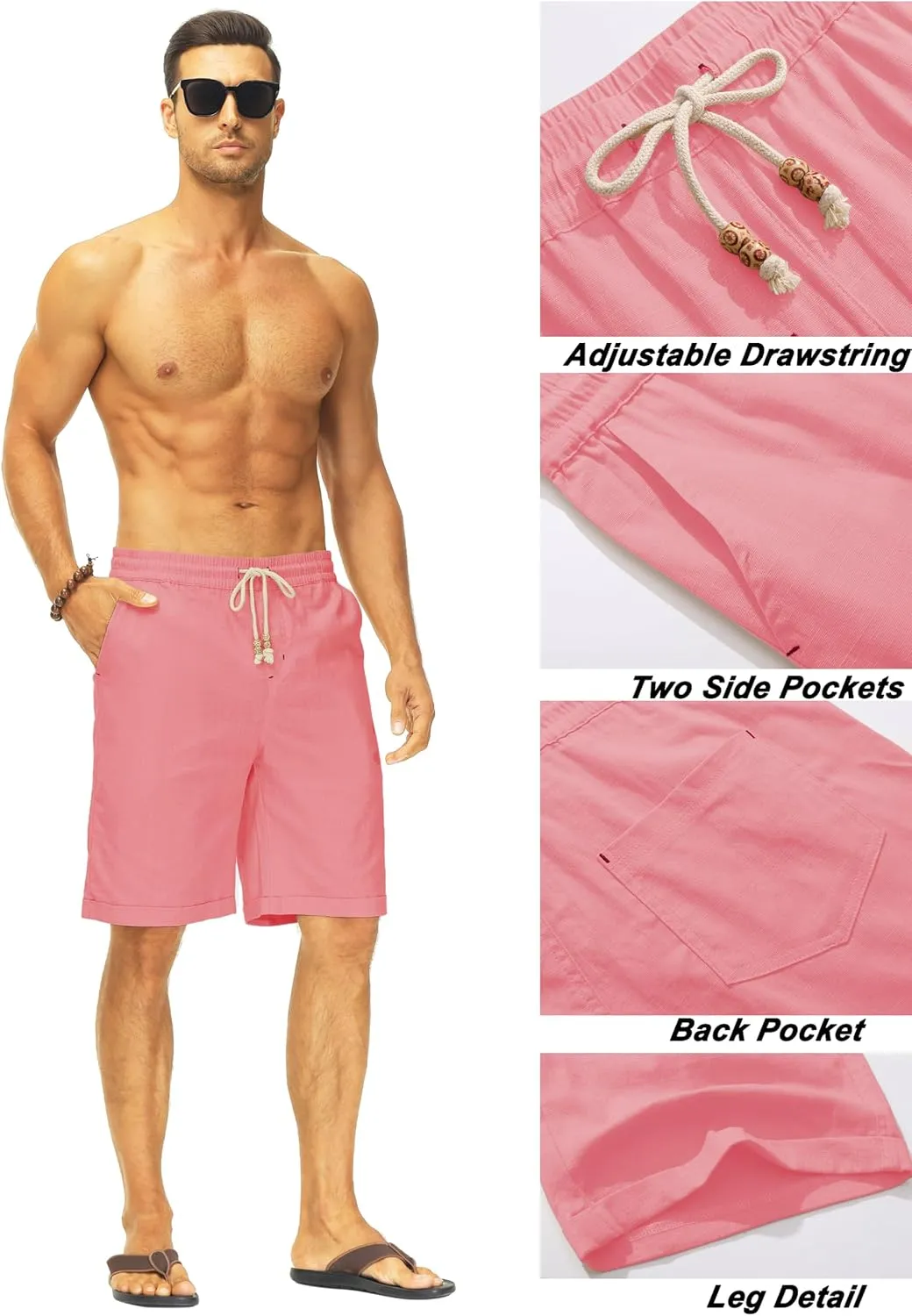 Janmid Men's Linen Shorts Casual Elastic Waist Drawstring Summer Beach Shorts