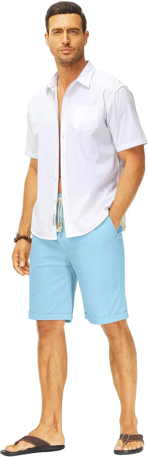 Janmid Men's Linen Shorts Casual Elastic Waist Drawstring Summer Beach Shorts