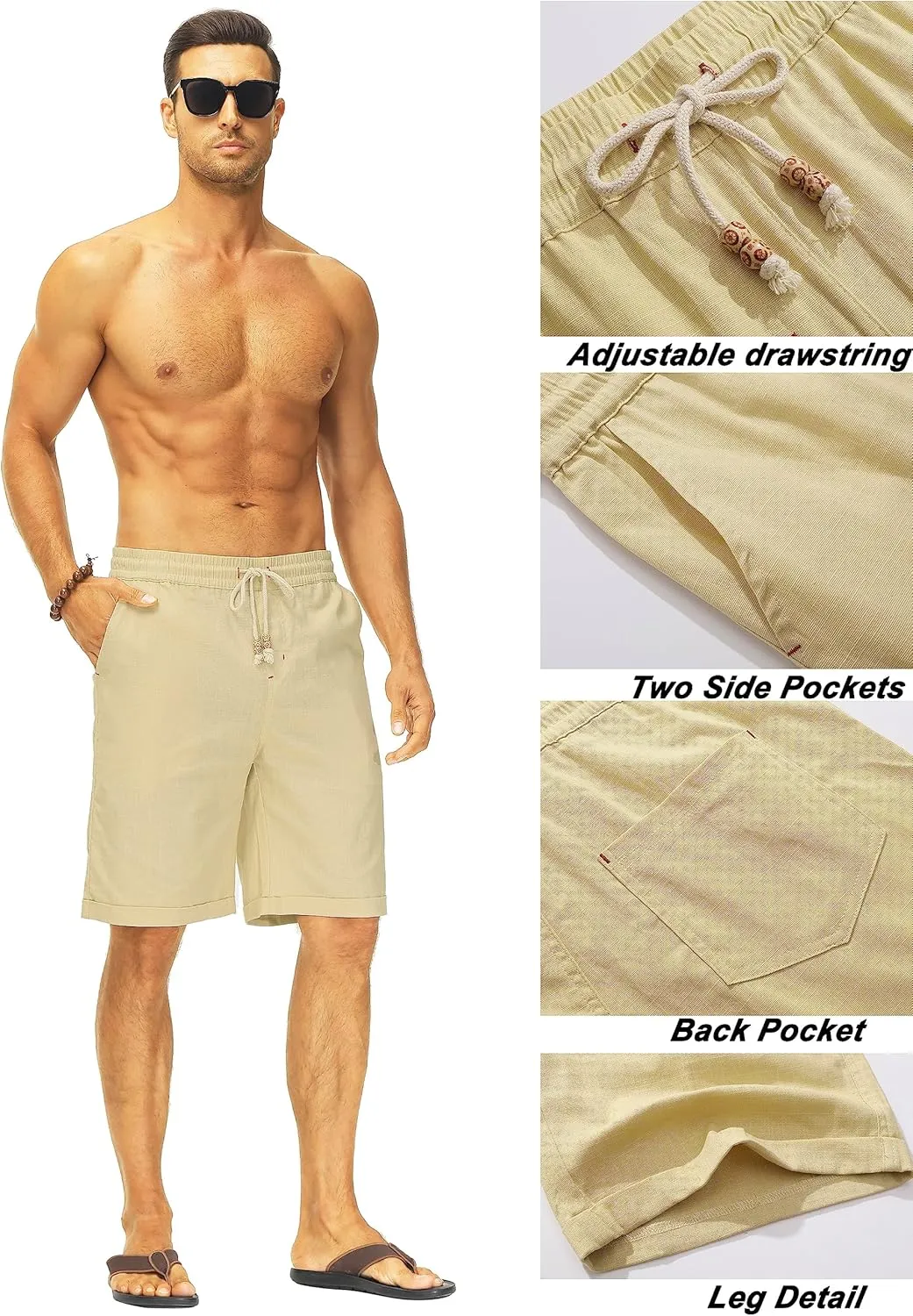 Janmid Men's Linen Shorts Casual Elastic Waist Drawstring Summer Beach Shorts