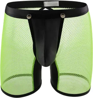 JEShifangjiusu Men'S Sexy Mesh Boxer Briefs Underwear With Faux Leather Buckled Pouch Trunks Sissy Underpants Breathable
