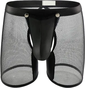 JEShifangjiusu Men'S Sexy Mesh Boxer Briefs Underwear With Faux Leather Buckled Pouch Trunks Sissy Underpants Breathable