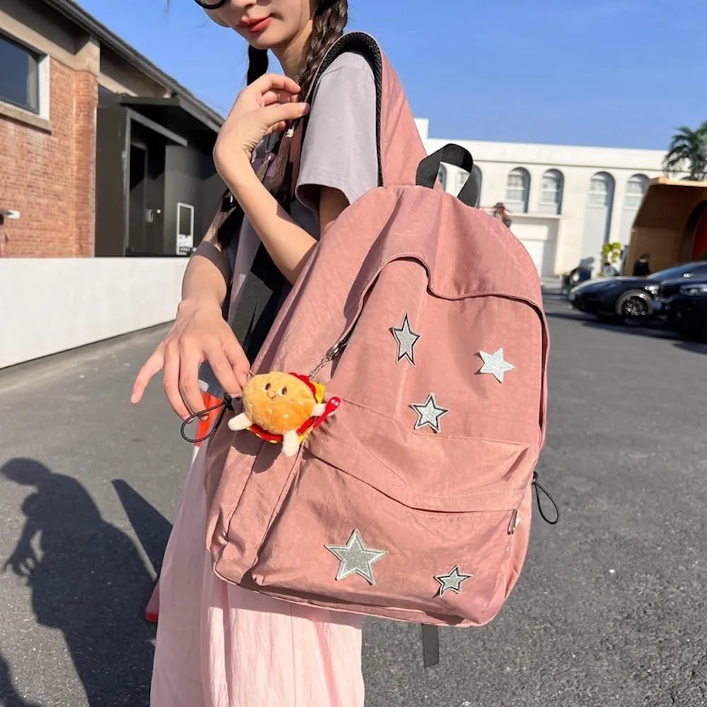 JHTPSLR Vintage Aesthetic Backpack Preppy Backpack Patches Stars Retro Stars Backpack Dark Academia Aesthetic Backpack (Grey Pink)