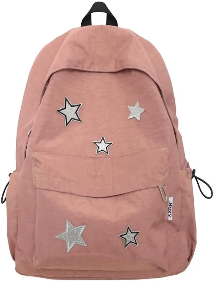 JHTPSLR Vintage Aesthetic Backpack Preppy Backpack Patches Stars Retro Stars Backpack Dark Academia Aesthetic Backpack (Grey Pink)