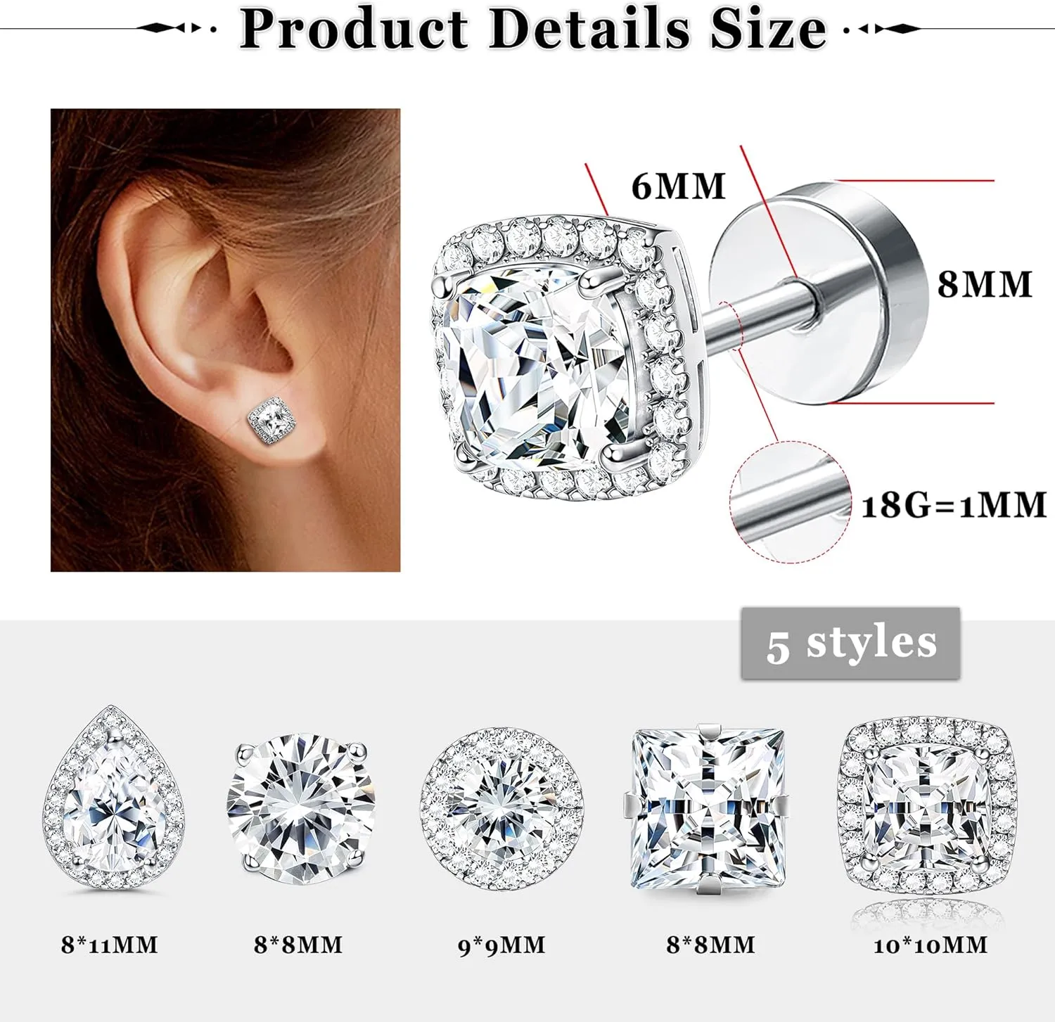 Kakonia 5 Pairs 20G 18G Flat Back Earrings Stud,Surgical Steel Cubic Zirconia Stud Earrings for Women Gold/Silver Square Teardrop CZ Halo Earrings With Flat Backs Faux Diamond Piercing Earrings Studs