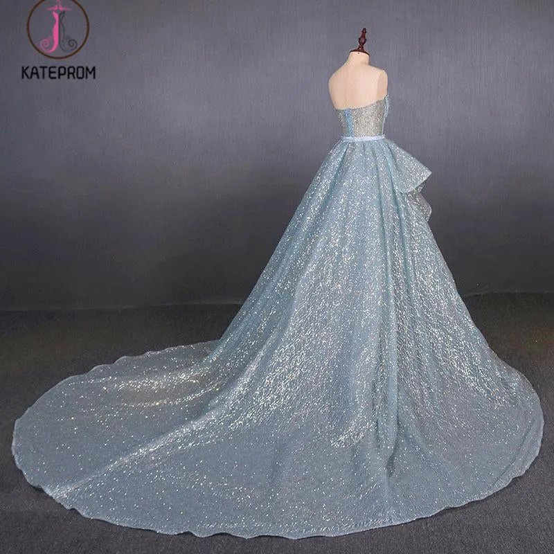 Kateprom Gorgeous Strapless Puffy Prom Dress, Glitter Sheath Evening Dress with Detachable Train KPP1089