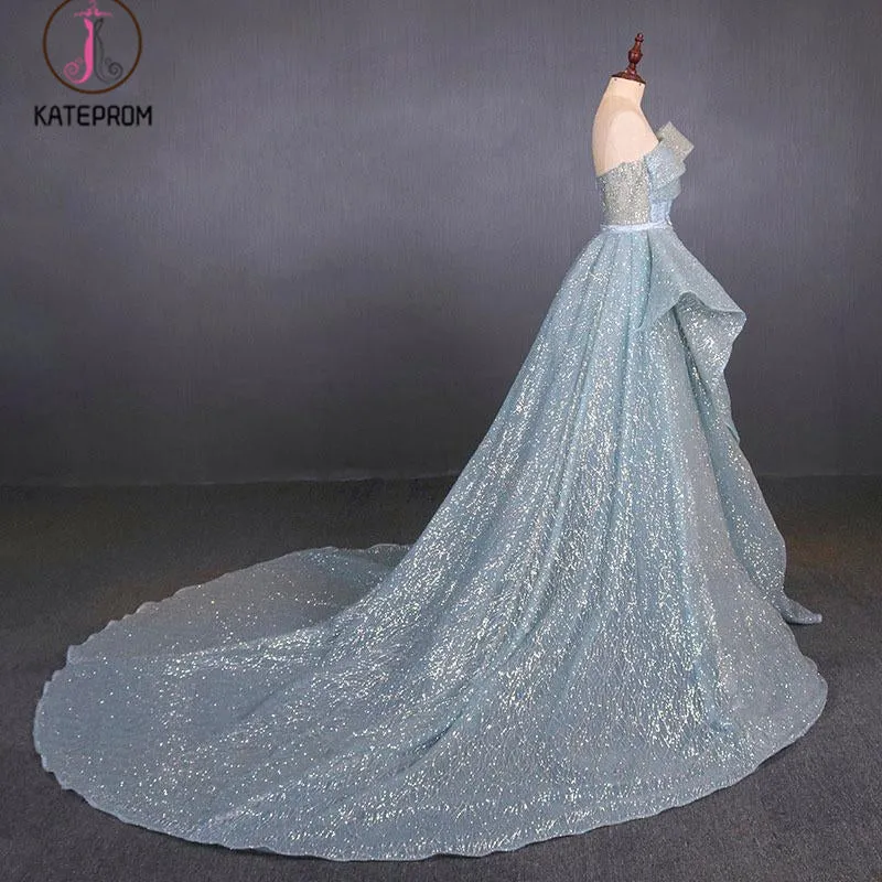 Kateprom Gorgeous Strapless Puffy Prom Dress, Glitter Sheath Evening Dress with Detachable Train KPP1089