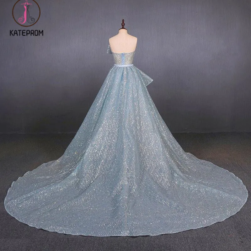 Kateprom Gorgeous Strapless Puffy Prom Dress, Glitter Sheath Evening Dress with Detachable Train KPP1089