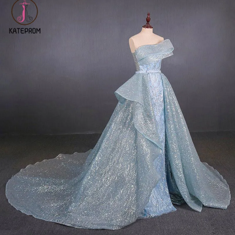 Kateprom Gorgeous Strapless Puffy Prom Dress, Glitter Sheath Evening Dress with Detachable Train KPP1089