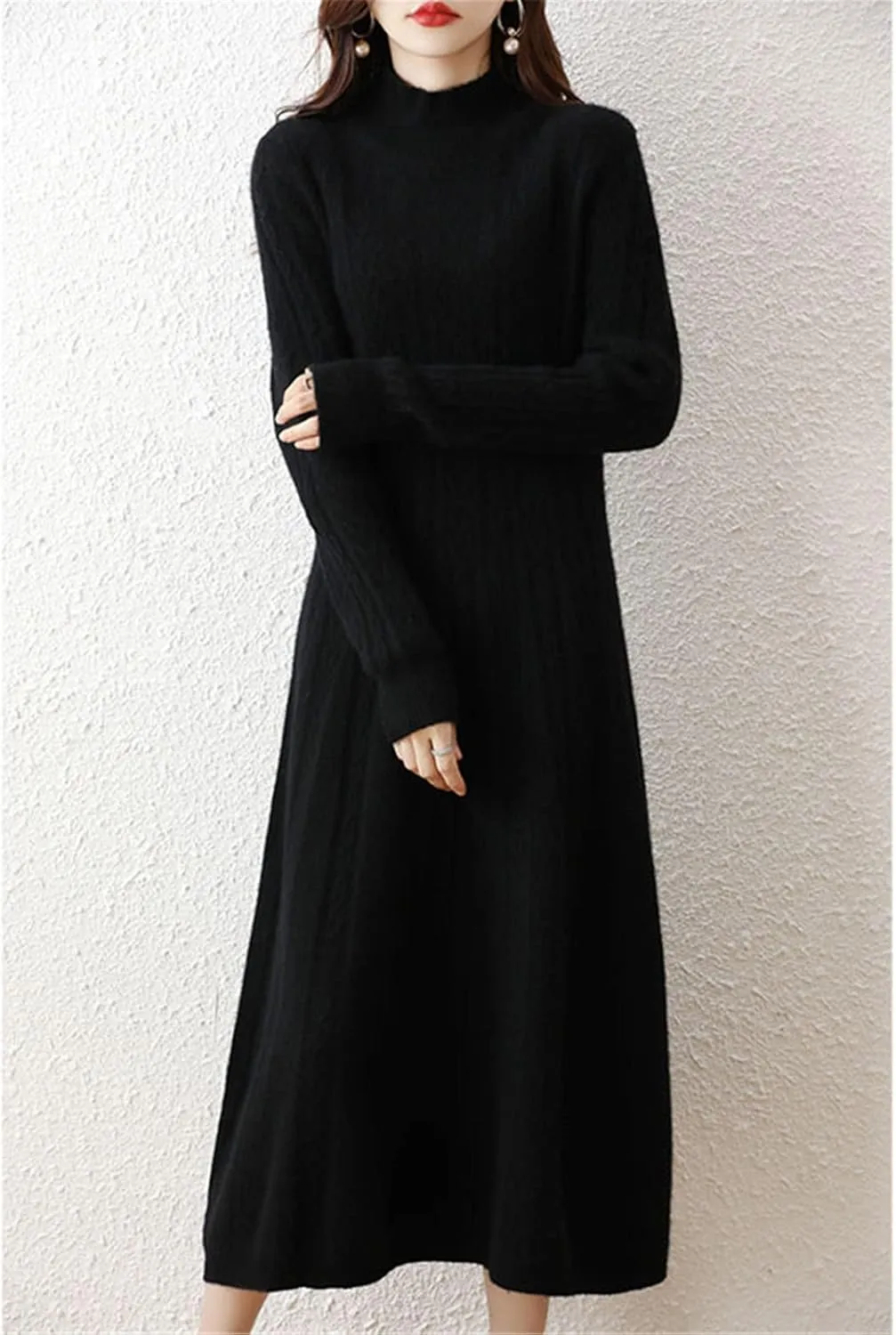 Kelsiop Dresses Cashmere Sweaters Knit Dresses 100% Merino Wool Womens High Neck Office Skirts