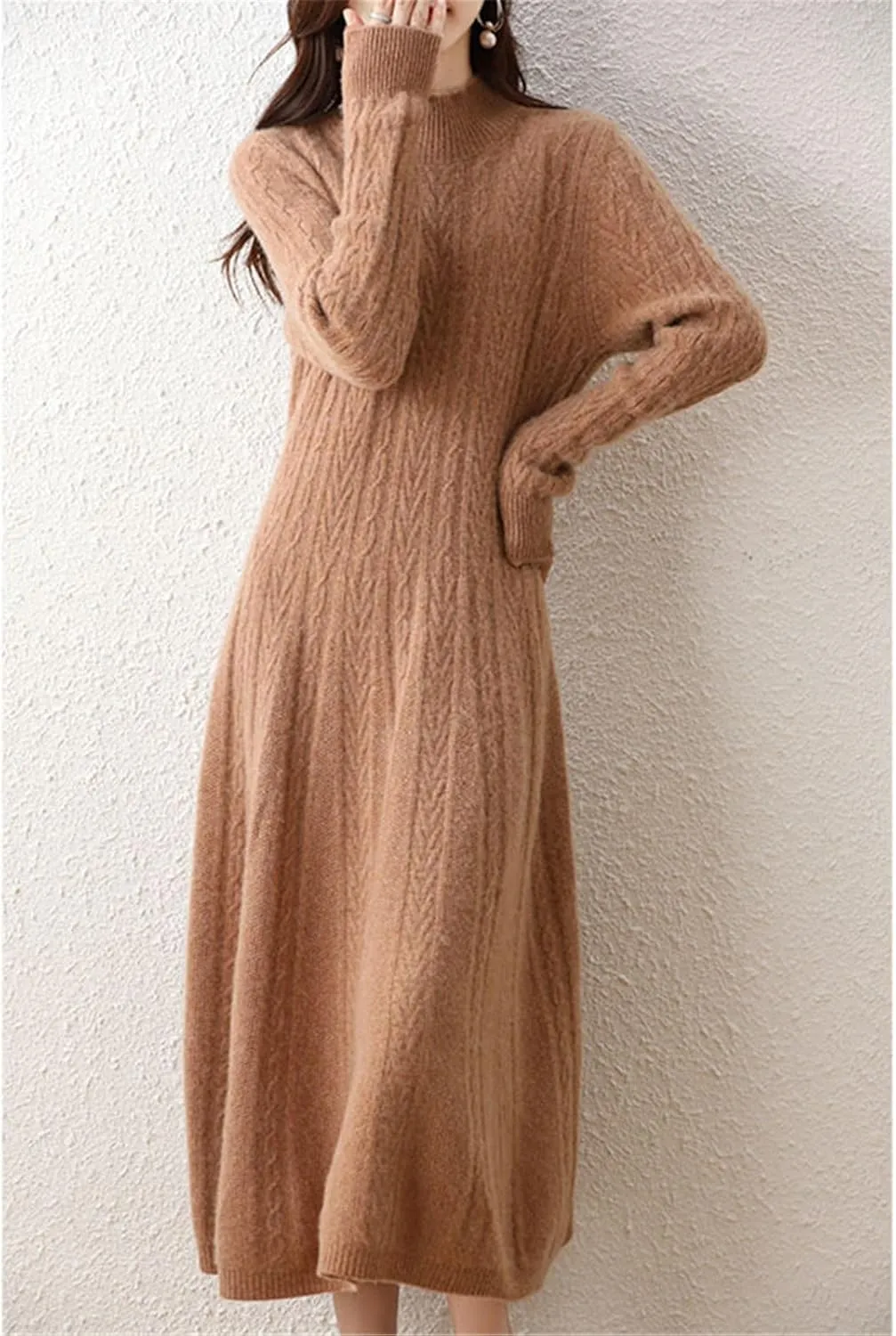 Kelsiop Dresses Cashmere Sweaters Knit Dresses 100% Merino Wool Womens High Neck Office Skirts